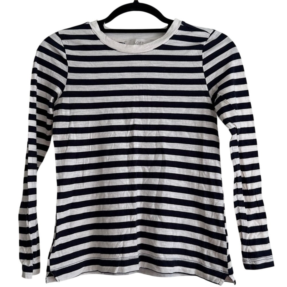 LOFT Petites XXSP Navy White‎ Stripe Long Sleeve Cotton Tee Coastal Breton